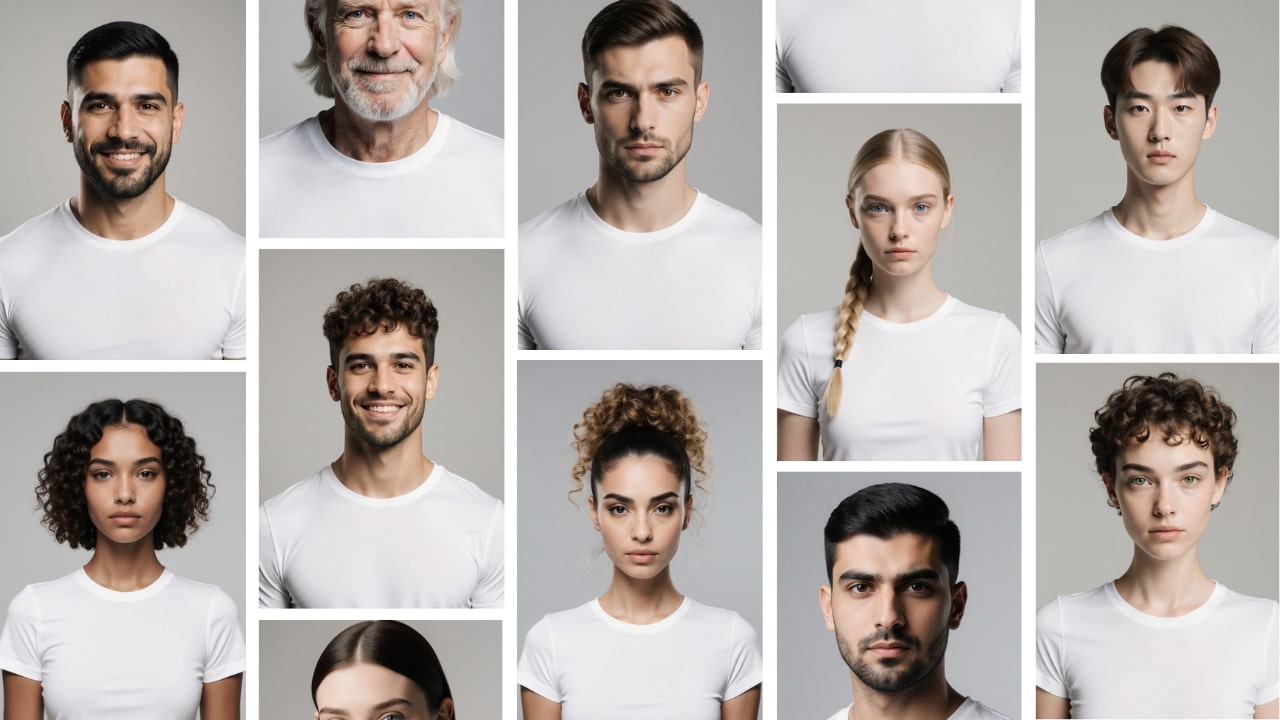A collage of diverse, AI-generated models showcasing different ethnicities and styles.