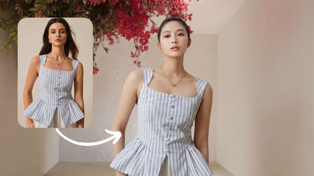 Demonstration of the model swap feature, showing an existing product image with a new AI-generated model.